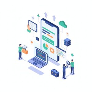 Изометрическая иллюстрация разработки мобильных приложений для сайта, чистый фон, современный дизайн.
